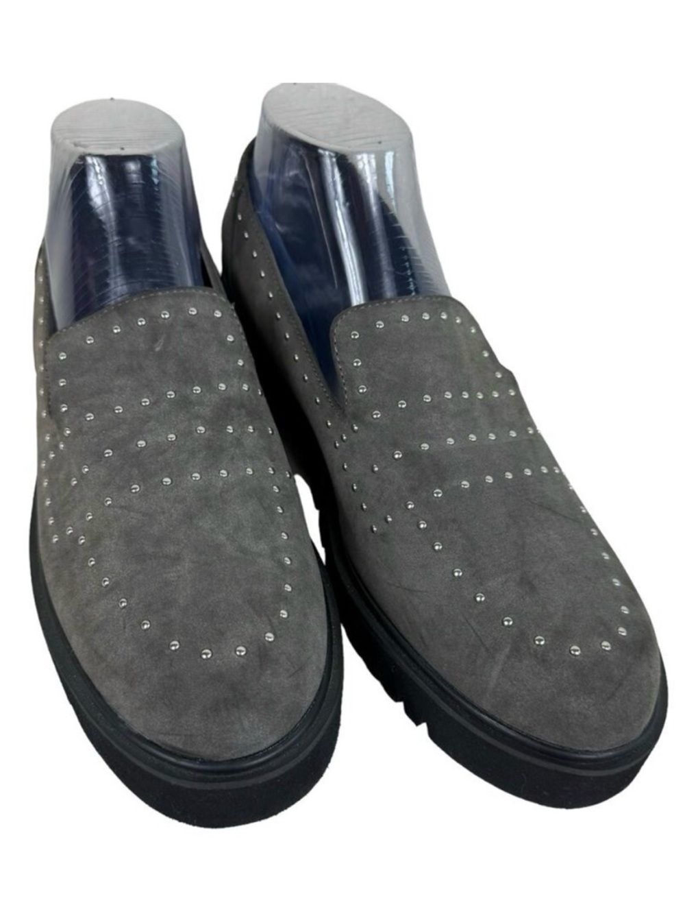Jane And The Shoe NWOT Elena Gray Metal Suede Studded Slip On Loafers Size 9.5